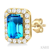 6x4 MM Octagonal Shape Blue Topaz and 1/4 Ctw Round Cut Diamond Halo Semi-Precious Stud Earrings in 14K Yellow Gold