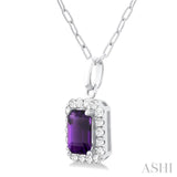 6x4 MM Octagonal Shape Amethyst and 1/6 Ctw Round Cut Diamond Halo Semi-Precious Pendant with Chain in 14K White Gold