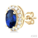 5x3 MM Oval Shape Sapphire and 1/8 Ctw Single Cut Diamond Halo Precious Stud Earrings in 10K Yellow Gold