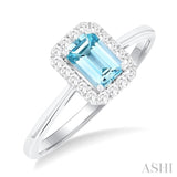 6x4 MM Octagonal Shape Aquamarine and 1/6 Ctw Round Cut Diamond Halo Semi-Precious Ring in 10K White Gold