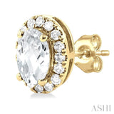 5x3 MM Oval Shape White Topaz and 1/8 Ctw Single Cut Diamond Halo Semi-Precious Stud Earrings in 10K Yellow Gold