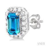5x3 MM Octagonal Shape Blue Topaz and 1/8 Ctw Single Cut Diamond Halo Semi-Precious Stud Earrings in 14K White Gold