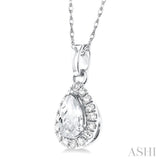 5x3 MM Pear Shape White Topaz and 1/20 Ctw Single Cut Diamond Halo Semi-Precious Pendant with Chain in 14K White Gold