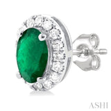 5x3 MM Oval Shape Emerald and 1/8 Ctw Single Cut Diamond Halo Precious Stud Earrings in 10K White Gold
