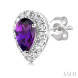 5x3 MM Pear Shape Amethyst and 1/8 Ctw Single Cut Diamond Halo Semi-Precious Stud Earrings in 14K White Gold