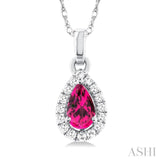 5x3 MM Pear Shape Pink Tourmaline and 1/20 Ctw Single Cut Diamond Halo Semi-Precious Pendant with Chain in 14K White Gold