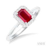 6x4 MM Octagonal Shape Ruby and 1/6 Ctw Round Cut Diamond Halo Precious Ring in 14K White Gold