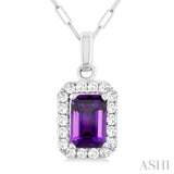 6x4 MM Octagonal Shape Amethyst and 1/6 Ctw Round Cut Diamond Halo Semi-Precious Pendant with Chain in 10K White Gold