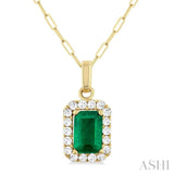 6x4 MM Octagonal Shape Emerald and 1/6 Ctw Round Cut Diamond Halo Precious Pendant with Chain in 14K Yellow Gold