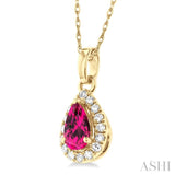 5x3 MM Pear Shape Pink Tourmaline and 1/20 Ctw Single Cut Diamond Halo Semi-Precious Pendant with Chain in 14K Yellow Gold