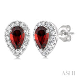 5x3 MM Pear Shape Garnet and 1/8 Ctw Single Cut Diamond Halo Semi-Precious Stud Earrings in 14K White Gold