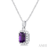 5x3 MM Octagonal Shape Amethyst and 1/20 Ctw Single Cut Diamond Halo Semi-Precious Pendant with Chain in 14K White Gold