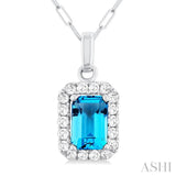 6x4 MM Octagonal Shape Blue Topaz and 1/6 Ctw Round Cut Diamond Halo Semi-Precious Pendant with Chain in 14K White Gold