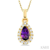 5x3 MM Pear Shape Amethyst and 1/20 Ctw Single Cut Diamond Halo Semi-Precious Pendant with Chain in 10K Yellow Gold