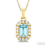 5x3 MM Octagonal Shape Aquamarine and 1/20 Ctw Single Cut Diamond Halo Semi-Precious Pendant with Chain in 14K Yellow Gold