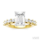 7/8 Ctw Emerald Shape Emerald and Round Cut Diamond Semi-Mount Engagement Ring in 14K Yellow and White Gold