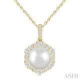10 MM Cultured Pearl and 5/8 Ctw Hexagon Shape Round Cut Diamond Pendant With Chain in 14K Yellow Gold