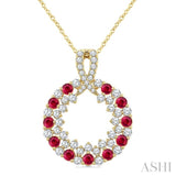 2.3 MM Round Shape Ruby and 3/4 Ctw Round Cut Diamond Precious Circle Pendant With Chain in 14K Yellow Gold