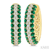 1/2 Ctw 2MM Round Cut Emerald and Round Cut Diamond Precious Hoop Earrings in 14K Yellow Gold