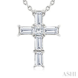 1/6 Ctw Princess and Baguette Cut Diamond Cross Petite Fashion Pendant With Chain in 10K White Gold