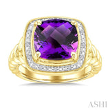 10 MM Cushion Shape Amethyst and 1/20 Ctw Round Cut Diamond Semi-Precious Ring in Yellow Gold Vermeil