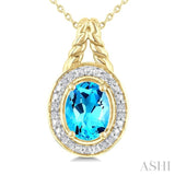9X7 MM Oval Shape Blue Topaz and 1/20 Ctw Round Cut Diamond Semi-Precious Pendant With Chain in Yellow Gold Vermeil