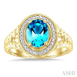 9X7 MM Oval Shape Blue Topaz and 1/20 Ctw Round Cut Diamond Semi-Precious Rings in Yellow Gold Vermeil