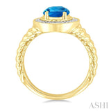 9X7 MM Oval Shape Blue Topaz and 1/20 Ctw Round Cut Diamond Semi-Precious Rings in Yellow Gold Vermeil