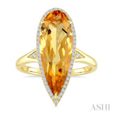22X8 MM Evoque Gemstone Pear Shape Citrine and 1/5 Ctw Round Cut Diamond Semi-Precious Ring in 14K Yellow Gold