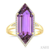 22X8 MM Evoque Gemstones Hexagon Shape Amethyst and 1/4 Ctw Round Cut Diamond Semi-Precious Ring in 14K Yellow Gold