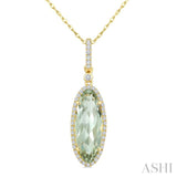 16X6 MM Evoque Gemstone Oval Shape Green Amethyst and 1/5 Ctw Round Cut Diamond Semi-Precious Pendant With Chain in 10K Yellow Gold