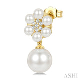 3MM & 7MM White Cultured Pearl and 1/10 Ctw Floral Round Cut Diamond Fashion Earrings in 10K Yellow Gold