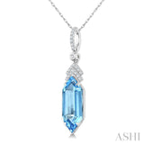 16X6 MM Evoque Gemstones Hexagon Shape Blue Topaz and 1/10 Ctw Round Cut Diamond Semi-Precious Pendant With Chain in 10K White Gold