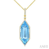 22X8 MM Evoque Gemstones Hexagon Shape Blue Topaz and 1/4 Ctw Round Cut Diamond Semi-Precious Pendant With Chain in 14K Yellow Gold