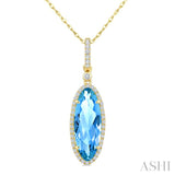 16X6 MM Evoque Gemstones Oval Shape Blue Topaz and 1/5 Ctw Round Cut Diamond Semi-Precious Pendant With Chain in 10K Yellow Gold