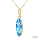 16X6 MM Evoque Gemstones Oval Shape Blue Topaz and 1/5 Ctw Round Cut Diamond Semi-Precious Pendant With Chain in 10K Yellow Gold