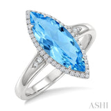 16X7 MM Evoque Gemstones Marquise Shape Blue Topaz and 1/6 Ctw Round Cut Diamond Semi-Precious Ring in 10K White Gold