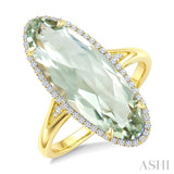 22X8 MM Evoque Gemstone Oval Shape Green Amethyst and 1/5 Ctw Round Cut Diamond Semi-Precious Ring in 14K Yellow Gold