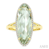 22X8 MM Evoque Gemstone Oval Shape Green Amethyst and 1/5 Ctw Round Cut Diamond Semi-Precious Ring in 14K Yellow Gold