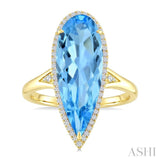 22X8 MM Evoque Gemstones Pear Shape Blue Topaz and 1/5 Ctw Round Cut Diamond Semi-Precious Ring in 14K Yellow Gold
