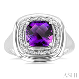 8 MM Cushion Shape Amethyst and 1/20 Ctw Round Cut Diamond Bold Semi-Precious Ring in Sterling Silver