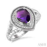 9X6MM Pear Cut Amethyst and 1/20 Ctw Round Cut Diamond Semi-Precious Ring in Sterling Silver