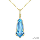 22X9 MM Evoque Gemstones Shield Shape Blue Topaz and 1/4 Ctw Round Cut Diamond Semi-Precious Pendant With Chain in 14K Yellow Gold