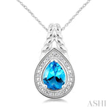 9X6MM Pear Cut Blue Topaz and 1/20 Ctw Round Cut Diamond Semi-Precious Pendant With Chain in Sterling Silver