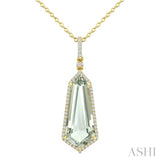 22X9 MM Evoque Gemstone Shield Shape Green Amethyst and 1/4 Ctw Round Cut Diamond Semi-Precious Pendant With Chain in 14K Yellow Gold
