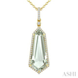 22X9 MM Evoque Gemstone Shield Shape Green Amethyst and 1/4 Ctw Round Cut Diamond Semi-Precious Pendant With Chain in 14K Yellow Gold
