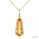 22X9 MM Evoque Gemstone Shield Shape Citrine and 1/4 Ctw Round Cut Diamond Semi-Precious Pendant With Chain in 14K Yellow Gold