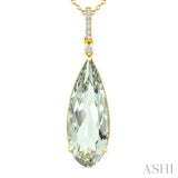22X8 MM Evoque Gemstone Pear Shape Green Amethyst and 1/20 Ctw Round Cut Diamond Semi-Precious Pendant With Chain in 14K Yellow Gold