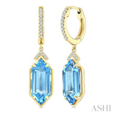 14X6 MM Evoque Gemstones Hexagon Shape Blue Topaz and 1/6 Ctw Round Cut Diamond Semi-Precious Earrings in 14K Yellow Gold
