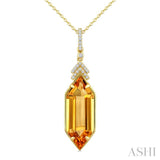 22X8 MM Evoque Gemstone Hexagon Shape Citrine and 1/10 Ctw Round Cut Diamond Semi-Precious Pendant With Chain in 14K Yellow Gold
